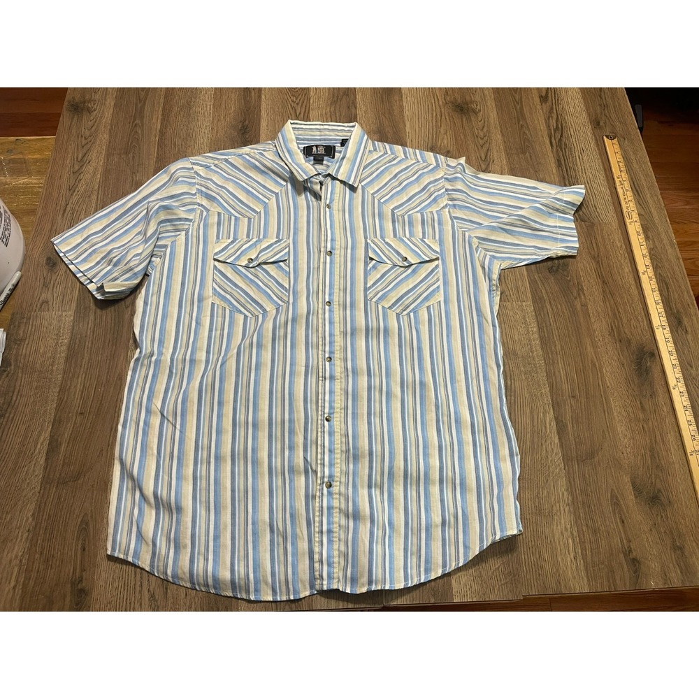 Rock Creek Ranch Shirt, Mens 2X Blue White Tan Striped, Western Pearl Snap